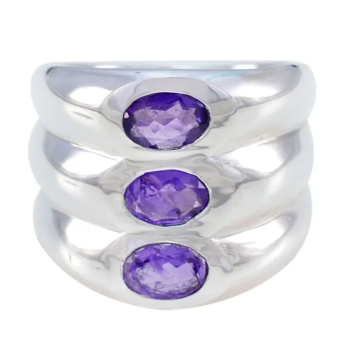 Amethyst Trilogy German 92.5 Silver Purple Gemstone Edgy Modern Ring Jewelry