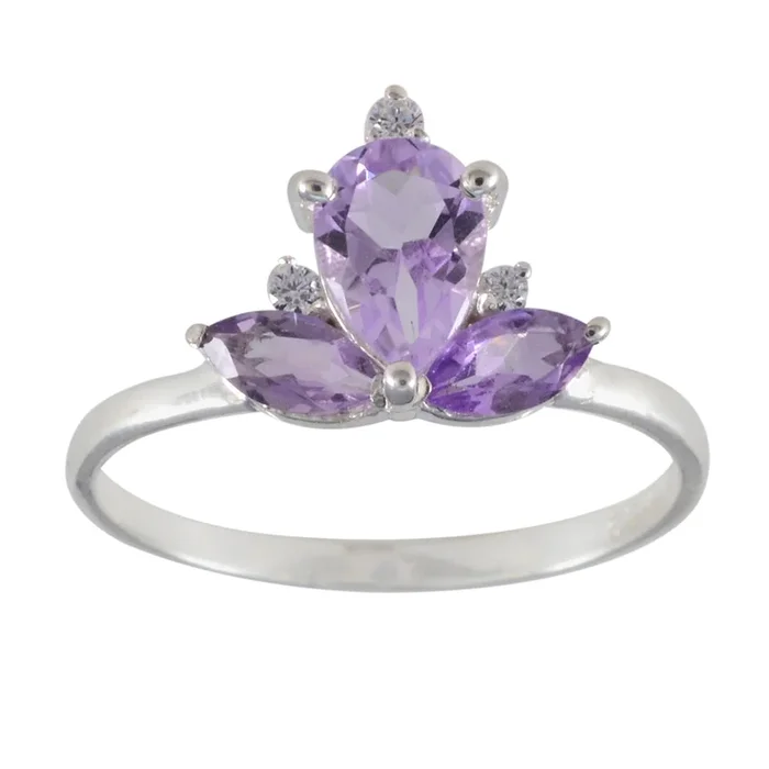 Amethyst Trilogy Turkish 925 Sterling Silver Purple Gemstones Elegant crown Ring Jewelry