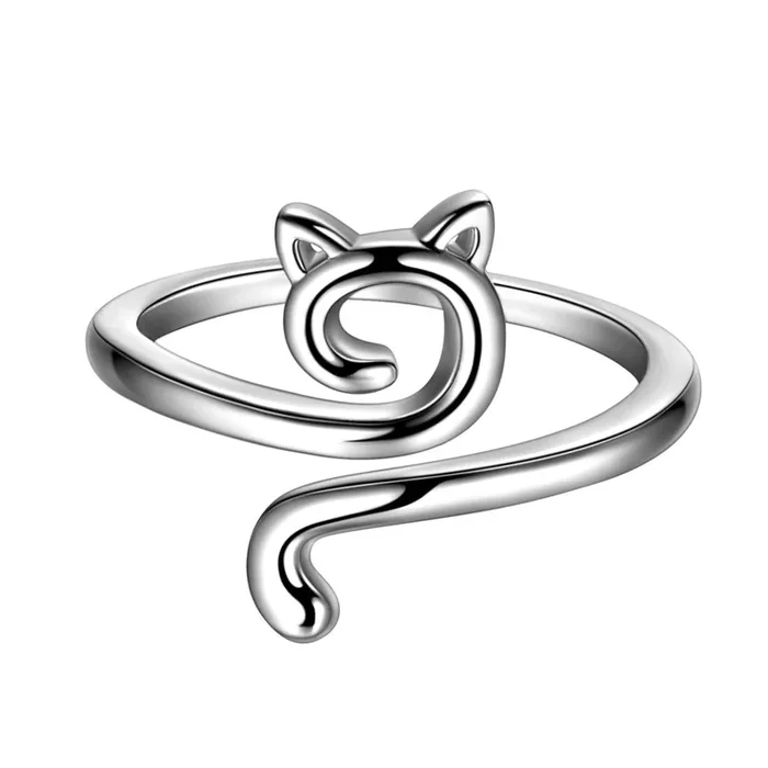 Anillo ajustable de plata de ley 925 con forma de gato para mujer