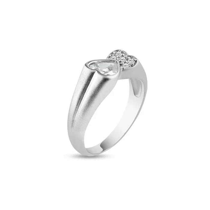 Anillo con extremos de corazón doble con circonita transparente chapada en rodio de plata 925 – AAR0004