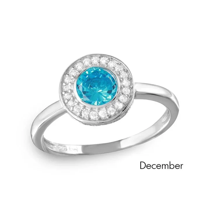 Anillo con halo de piedra natal central con circonita cúbica chapada en rodio en plata de ley 925 de diciembre – BGR01082DEC