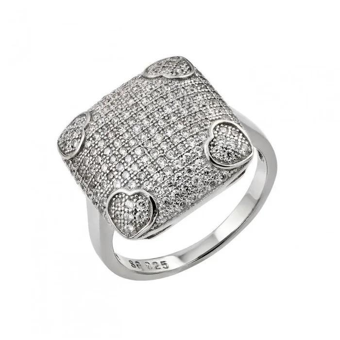 Anillo cuadrado de corazón de circonita cúbica transparente chapado en rodio de plata 925 – STR00959