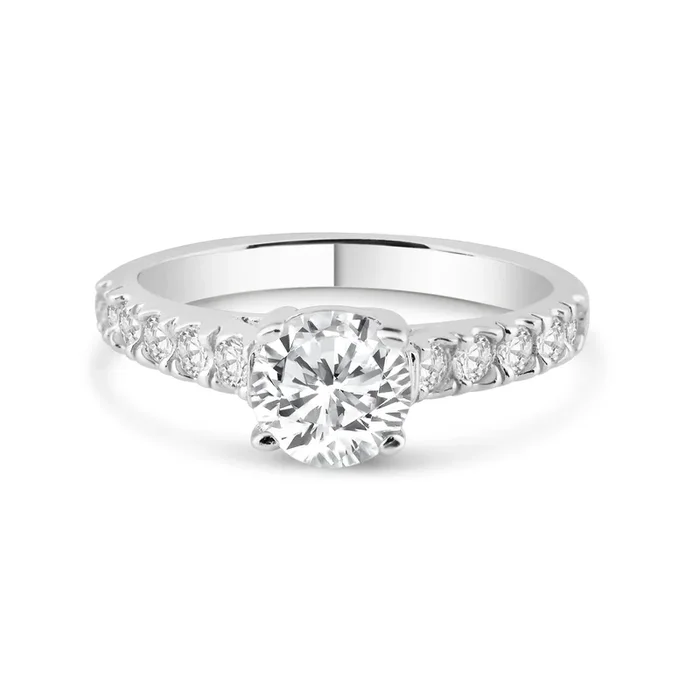 Anillo de circonita central redonda transparente con micro pavé chapado en rodio de plata 925 – ACR00005