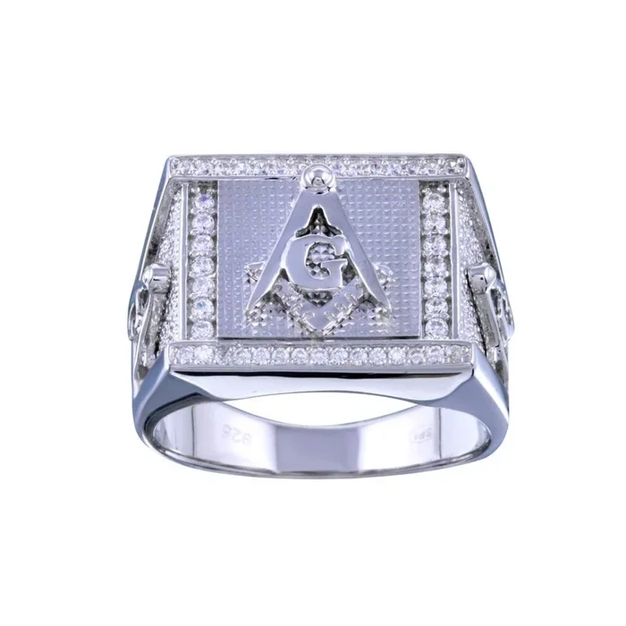 Anillo de circonita cúbica con diseño de albañilería para hombre en plata de ley 925 rodiada – GMR00243