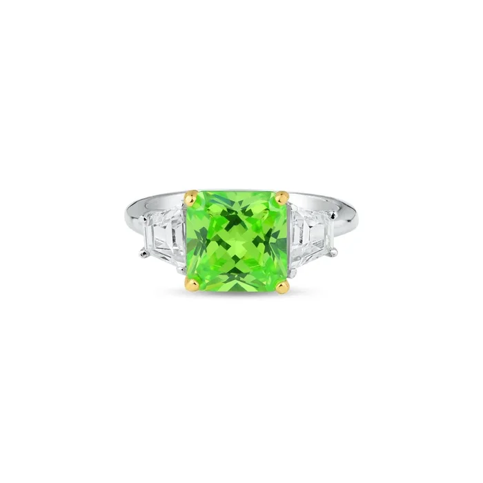 Anillo de circonita verde con baño de rodio en plata de ley 925, Pasado, Presente y Futuro – BGR01364