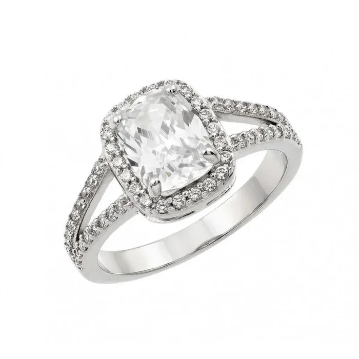 Anillo de compromiso nupcial con circonita cúbica en racimo y centro rectangular transparente chapado en rodio de plata 925 – BGR00912