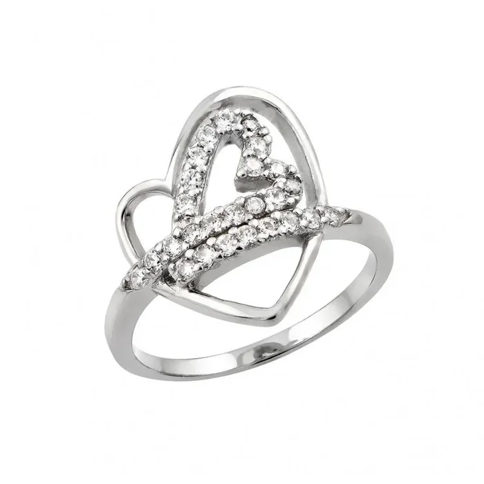 Anillo de corazón abierto con incrustaciones de circonita transparente chapado en rodio de plata 925 – STR00970