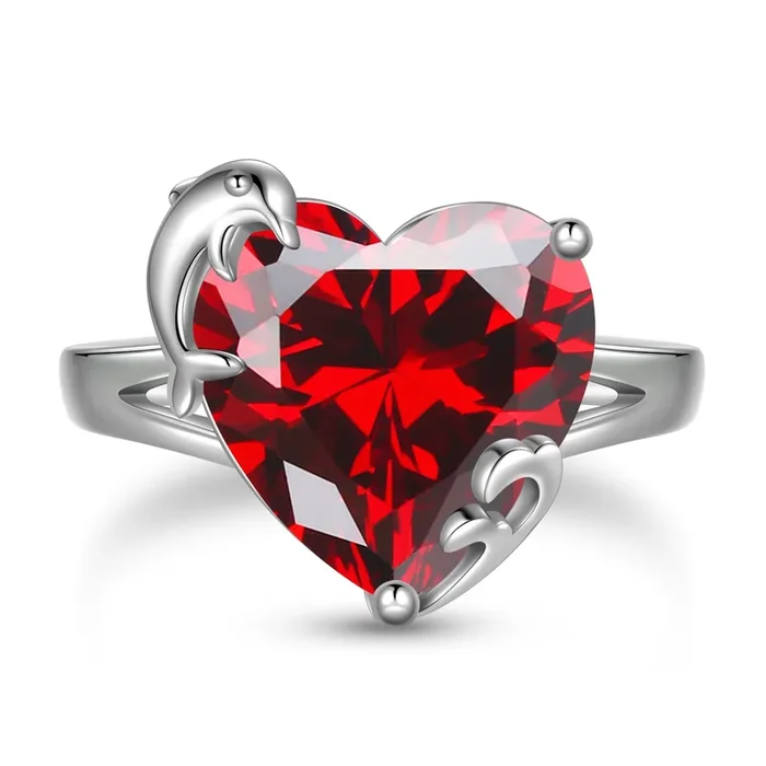 Anillo de corazón de 9 quilates para mujer, plata de ley 925, con delfín y piedra natal de enero, granate rojo, solitario, joyería para el cumpleaños de la madre, regalo de San Valentín.