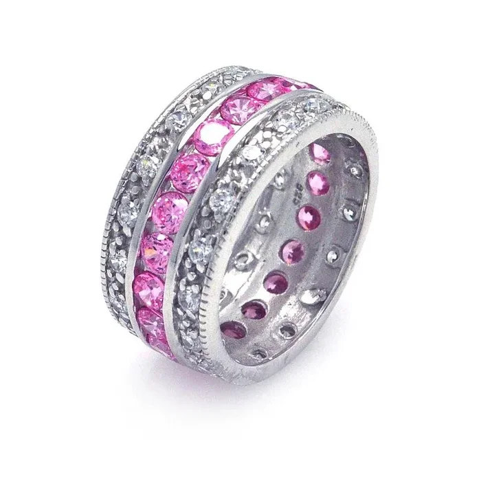 Anillo de eternidad con canal de circonita cúbica rosa y transparente chapado en rodio en plata 925 – STR00508PNK