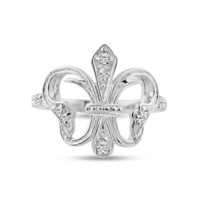 Anillo de flor de lis con circonita cúbica chapada en rodio de plata 925 – STR00529