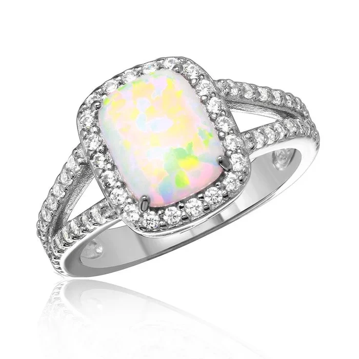 Anillo de halo chapado en rodio de plata 925 con ópalo baguette sintético y circonita cúbica – BGR01041