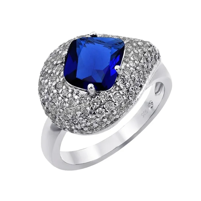 Anillo de lágrima con circonita cúbica transparente con centro azul chapado en rodio de plata 925 – BGR00868