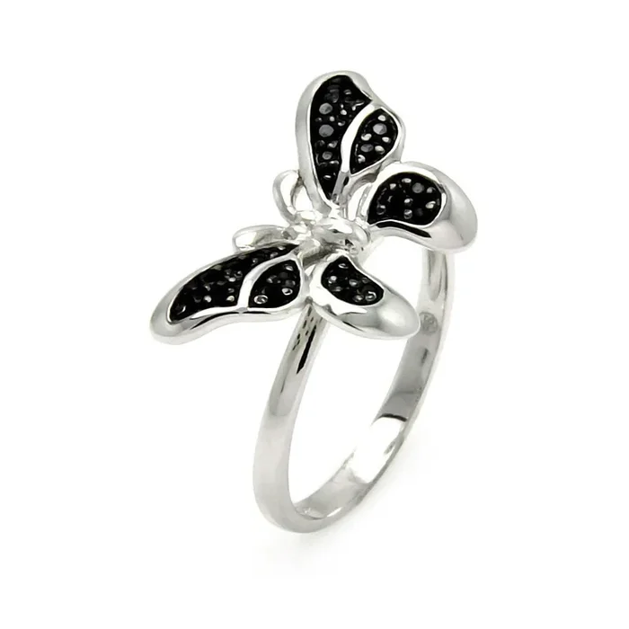 Anillo de mariposa con circonita negra en plata de ley 925, sin níquel y baño de rodio – STR00893