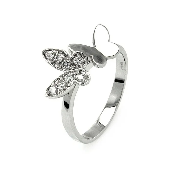 Anillo de mariposa doble con circonita cúbica transparente chapado en rodio de plata 925 – BGR00538