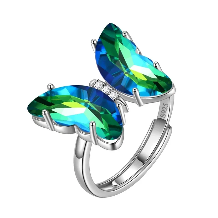 Anillo de mariposa verde con piedra natal de esmeralda de mayo, joyería para mujeres y niñas, regalo de cumpleaños