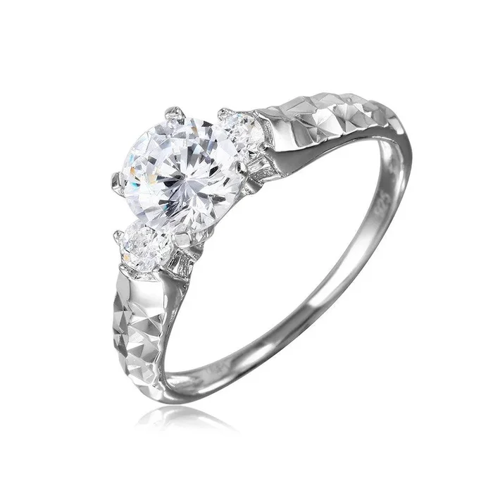 Anillo de piedra central CZ chapado en rodio de plata 925 con vástago martillado – GMR00109