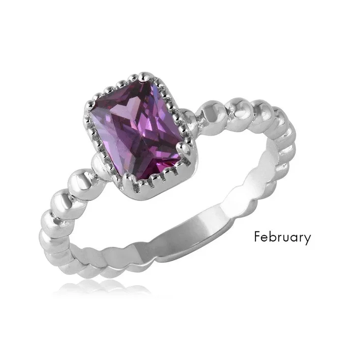 Anillo de piedra natal central cuadrada con vástago con cuentas chapado en rodio de plata de ley 925 de febrero – BGR01081FEB