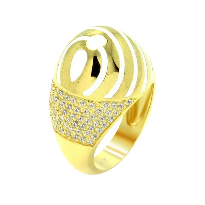 Anillo de plata 925 bañado en oro con esmalte blanco y circonitas transparentes – BGR00318