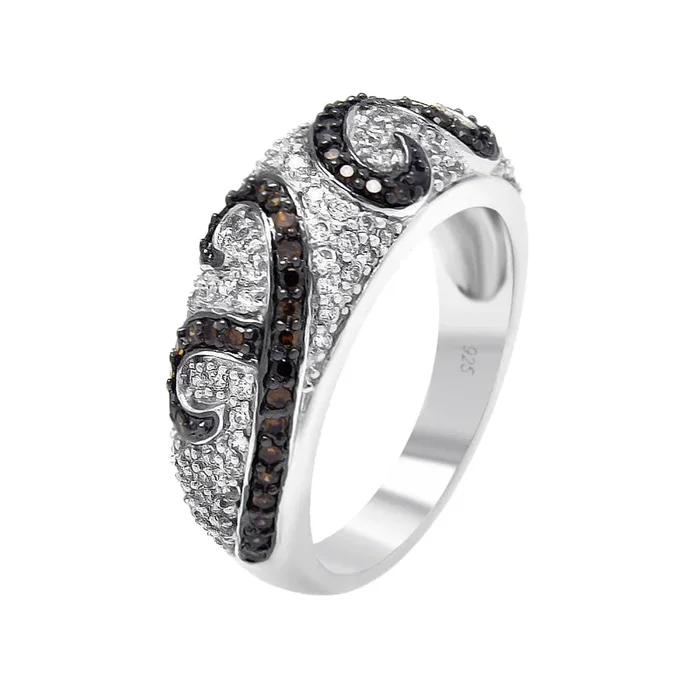 Anillo de plata 925 chapado en rodio y rodio negro con champán y pavé transparente con circonita cúbica – BGR00371
