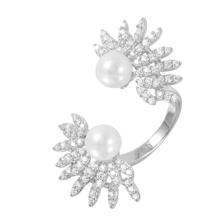 Anillo de plata 925 con circonita cúbica abierta y perla sintética chapada en rodio – GMR00067