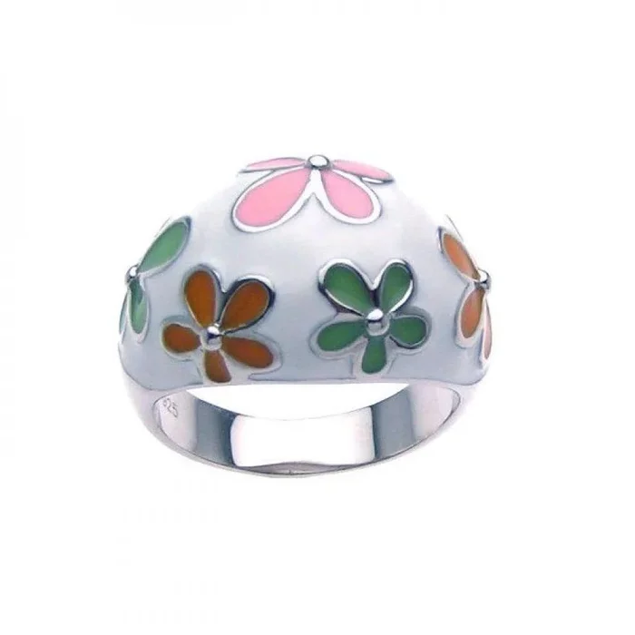 Anillo de plata 925 rodiada con esmalte multicolor y flor en forma de cúpula – STR00626