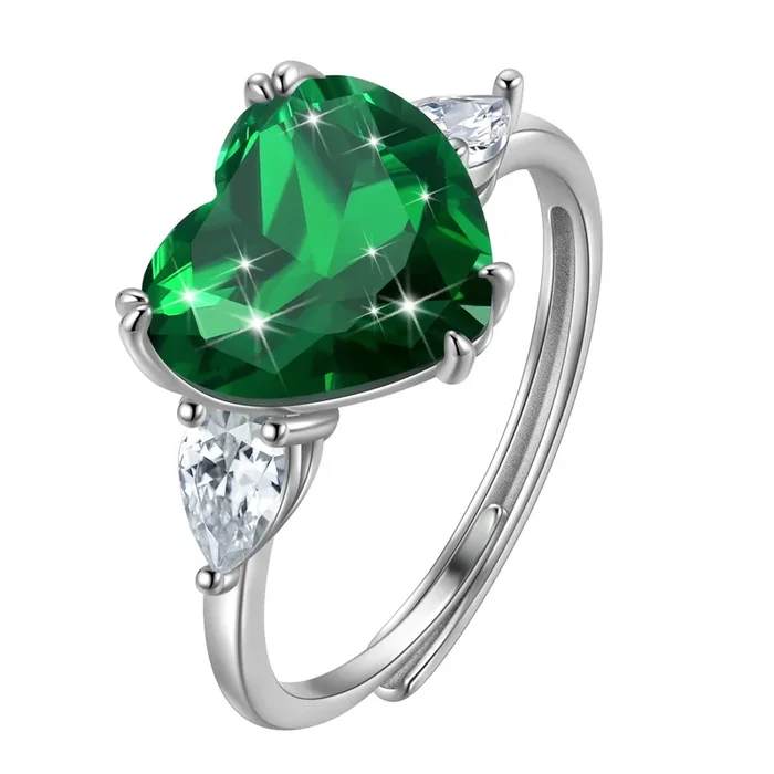 Anillo de plata de ley 925 con esmeralda y corazón de 6 quilates para mujer, piedra de nacimiento de mayo verde, anillo abierto, joyería para cumpleaños, Navidad, regalo para mamá, abuela y el Día de la Madre.