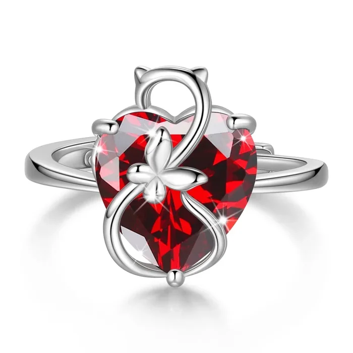 Anillo de plata de ley 925 con forma de corazón para mujer, diseño de gato, mariposa, piedra natal de enero, granate, solitario, regalo de cumpleaños para madre, San Valentín.
