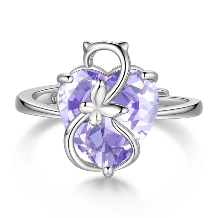 Anillo de plata de ley 925 con forma de corazón para mujer, diseño de gato, mariposa, piedra natal de junio, solitario de alejandrita, regalo de cumpleaños para una madre amante de los gatos.