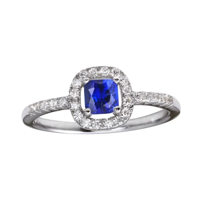 Anillo de plata de ley 925 rodiada con circonita central cuadrada transparente y azul – BGR01222BLU