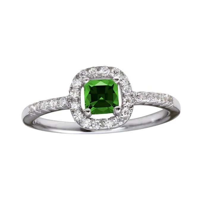 Anillo de plata de ley 925 rodiada con circonita central cuadrada transparente y verde – BGR01222GRN