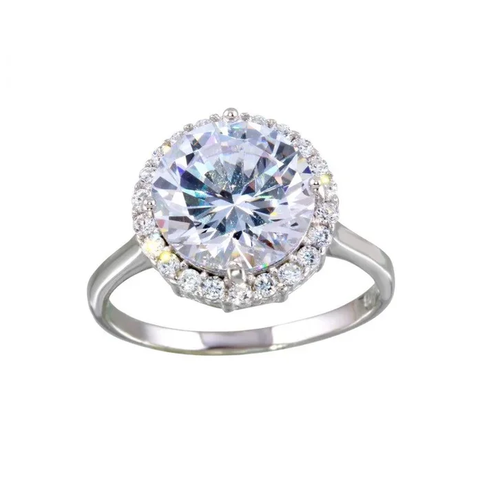 Anillo de plata de ley 925 rodiada con circonita cúbica central redonda – BGR01128