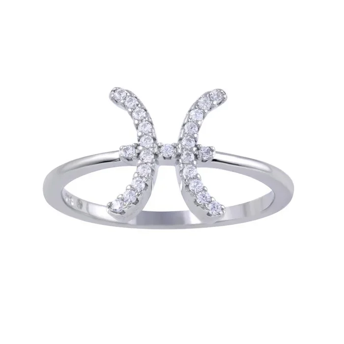 Anillo de plata de ley 925 rodiada con circonita cúbica y signo del zodiaco Piscis – BGR01320