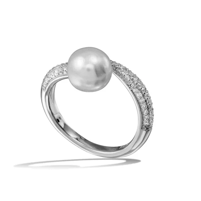Anillo de plata de ley 925 rodiada con circonitas y perla de agua dulce central – BGR01124