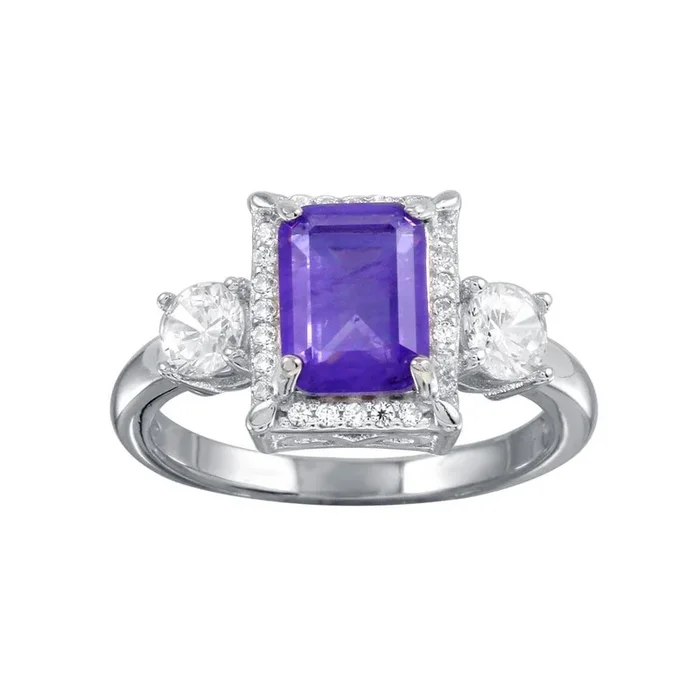 Anillo de plata de ley 925 rodiada con halo central morado y circonita cúbica – BGR01270