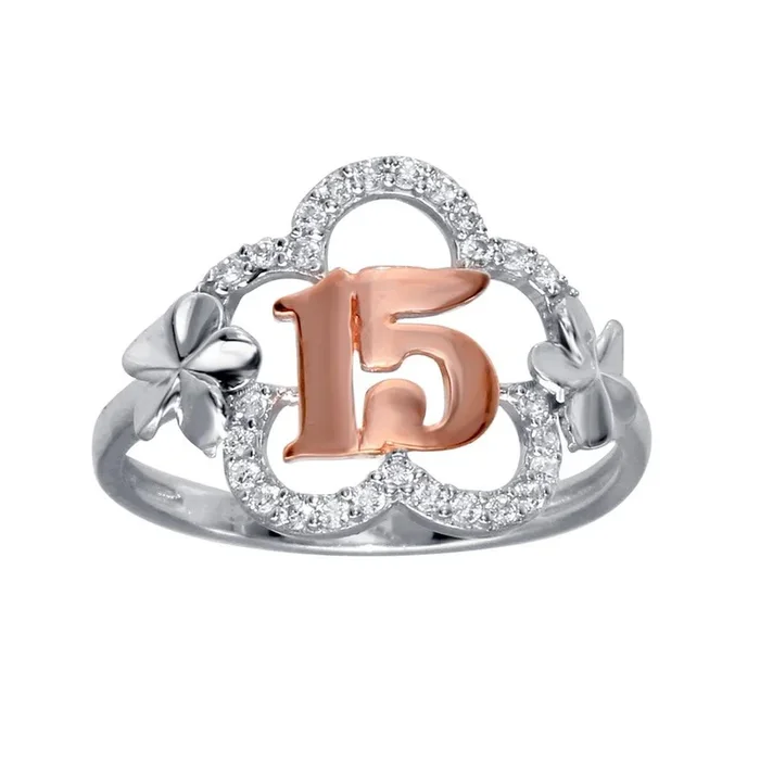 Anillo de quinceañera bicolor con circonitas cúbicas en plata de ley 925 – GMR00305RHR