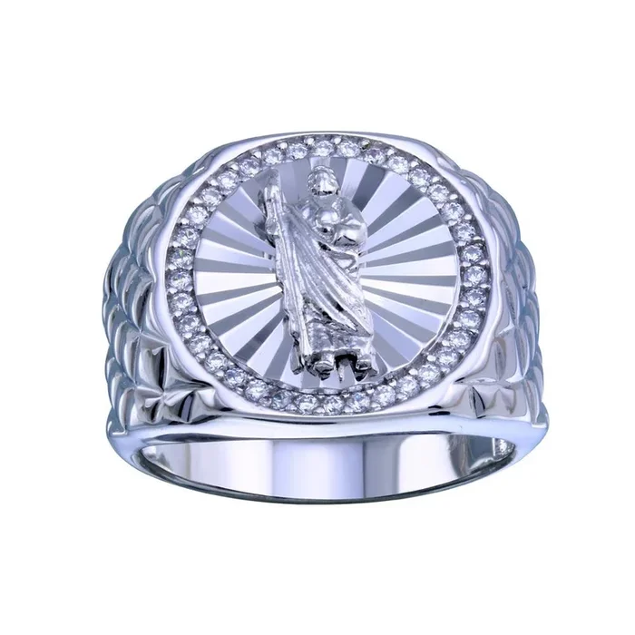 Anillo de San Judas Tadeo con circonitas cúbicas en plata de ley 925 rodiada – GMR00333
