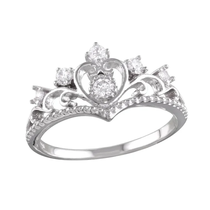 Anillo de tiara de corazón con circonitas cúbicas en plata de ley 925 rodiada – BGR01161