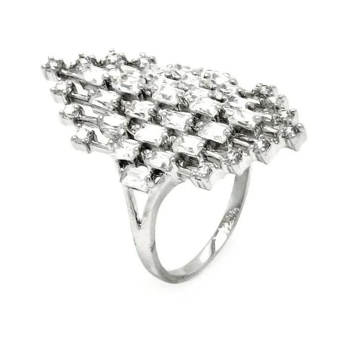Anillo en forma de diamante con circonita cúbica redonda y baguette transparente bañada en rodio de plata 925 – BGR00441