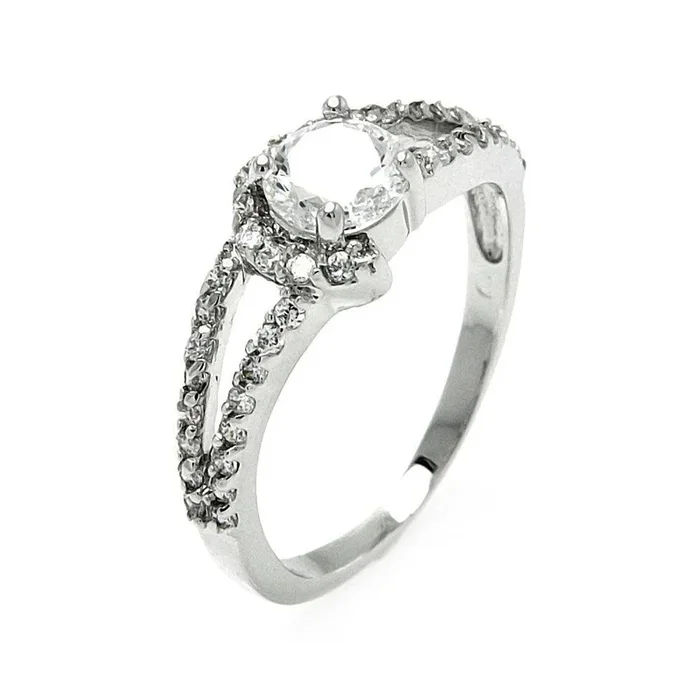 Anillo nupcial abierto con circonita central redonda transparente bañada en rodio de plata 925 – BGR00569