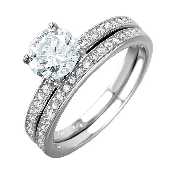 Anillo nupcial chapado en rodio de plata 925 con piedra central redonda CZ – BGR01004