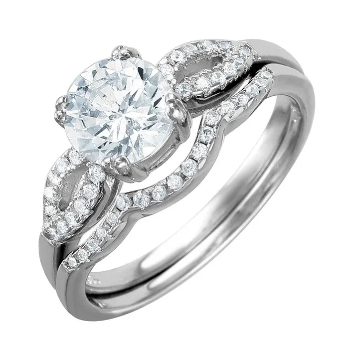 Anillo nupcial con centro de circonita cúbica redonda con diseño de onda abierta chapado en rodio de plata 925 – BGR01001