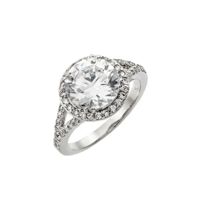 Anillo nupcial de plata 925 chapado en rodio, redondo transparente y racimo de circonita cúbica – BGR00873