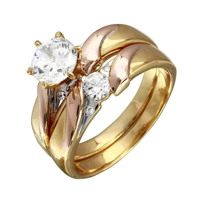 Anillo nupcial de tres circonitas cúbicas en tres tonos de plata de ley 925 rodiada – GMR00198TRI