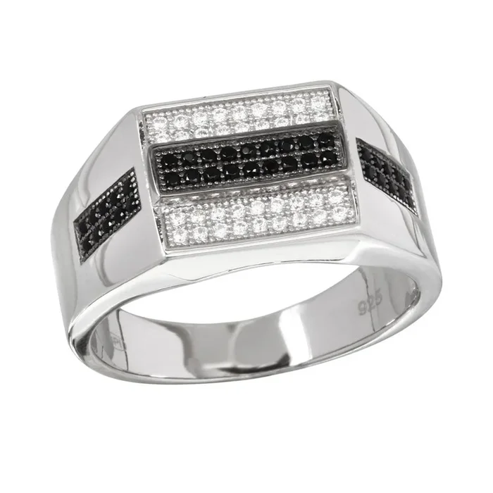 Anillo rectangular de plata de ley 925 rodiada con circonitas negras y transparentes – GMR00216RB