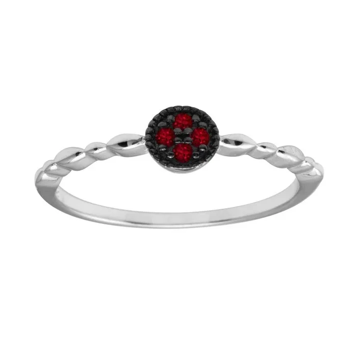Anillo redondo de plata de ley 925 rodiada con 4 circonitas rojas – BGR01228RED