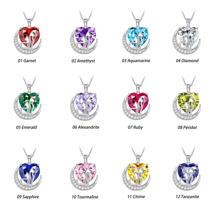 Animal Cat and Dog Necklace Women Heart Birthstone Charm Pendant Jewelry Gift for Pet Lovers