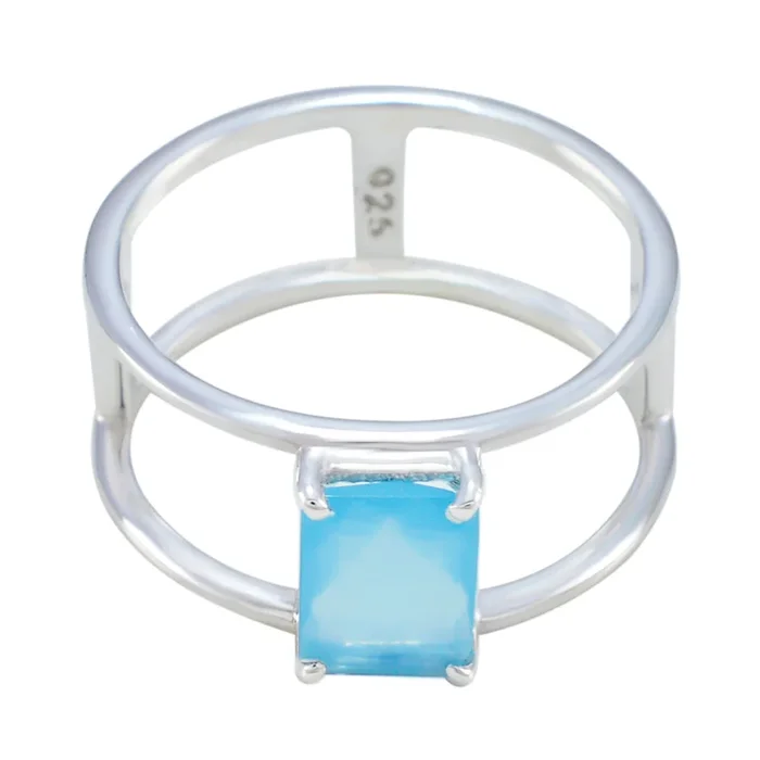 Aqua Chalcedony Solitaire Japanese 925 Silver Green Gems Whisper-thin Geometric Band Jewelry
