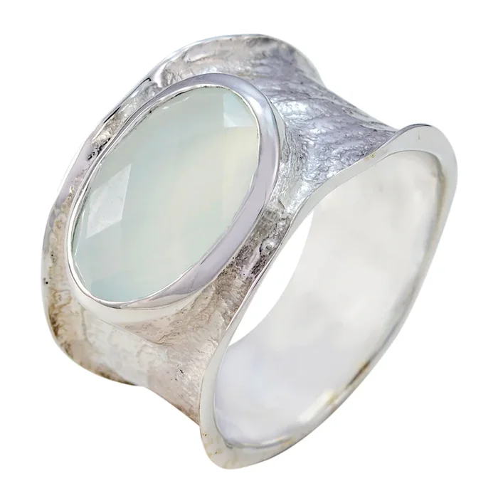 Aqua Chalcedony Solitaire Russian 925 Silver Green Gemstone Essential Oversized Band Jewelry
