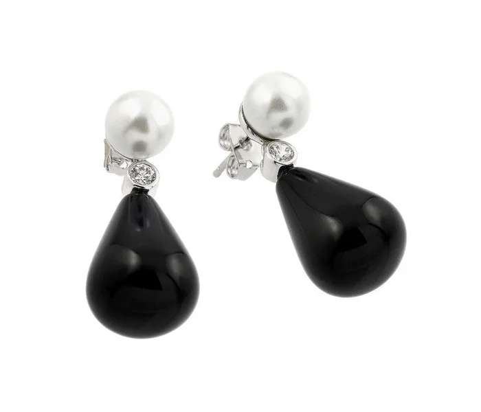 Aretes pequeños redondos con circonita cúbica y perlas sintéticas negras chapadas en rodio de plata 925 – BGE00346