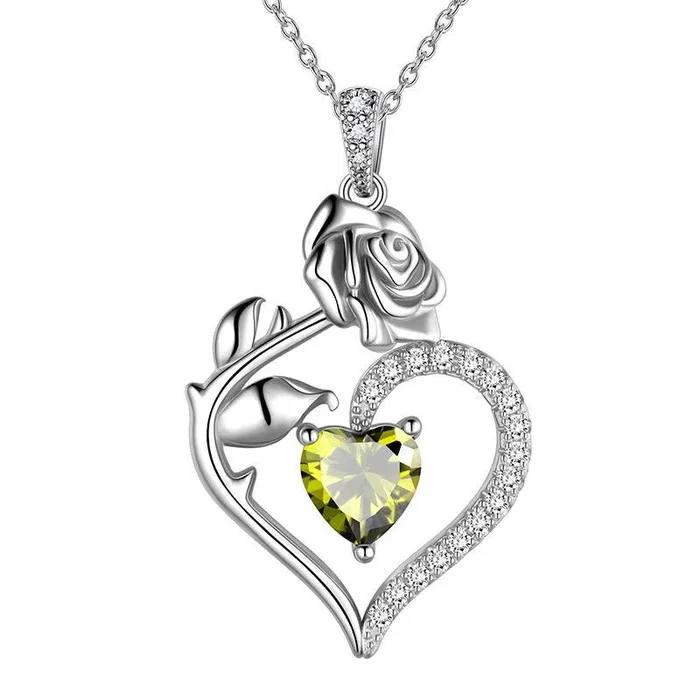 August Peridot-Halskette für Damen, Herz-Geburtsstein-Anhänger, Blume, Rose, Schmuck, Geburtstagsgeschenke